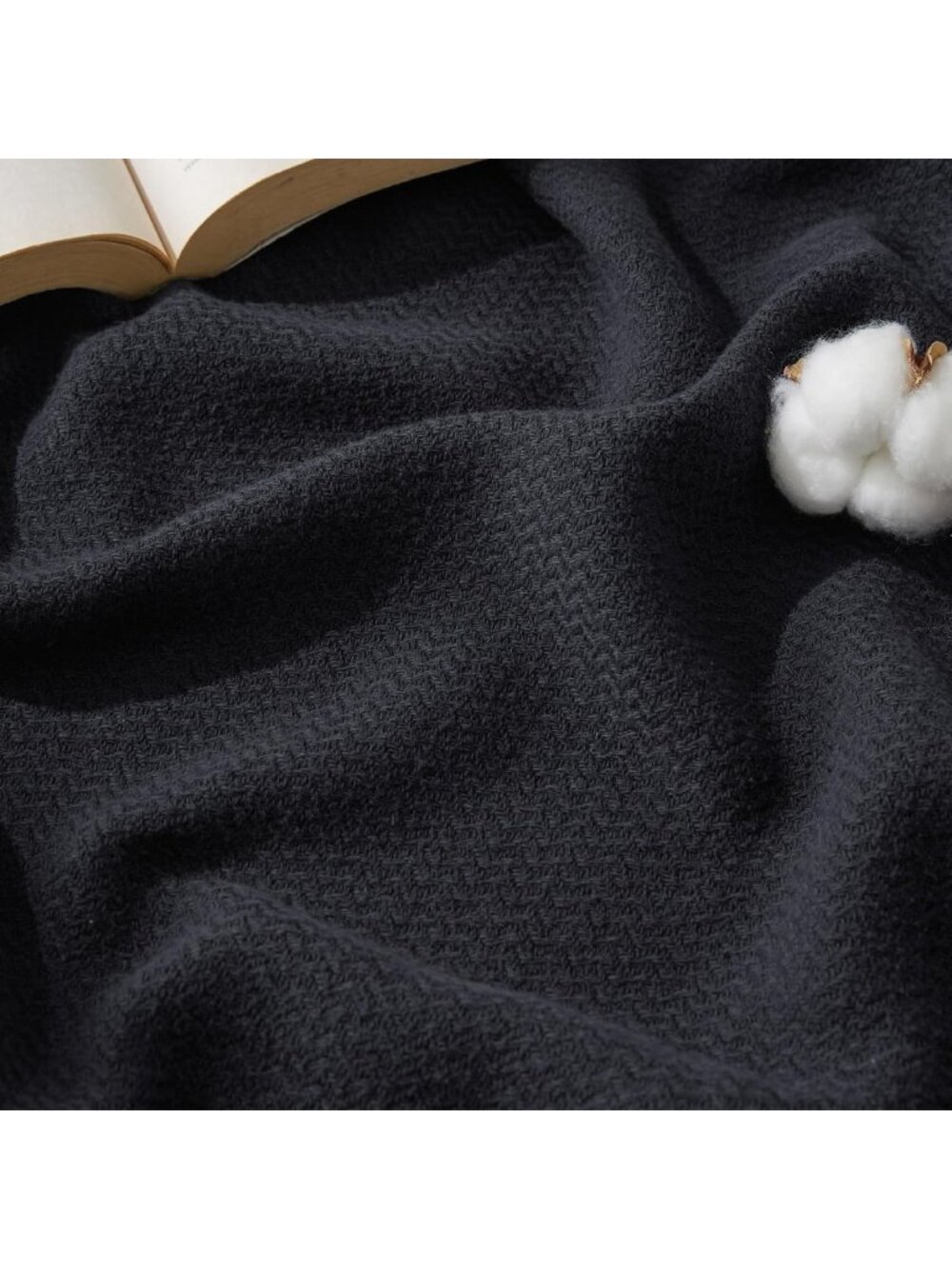Oversized King Cotton Blanket, Herringbone Weave, Soft Black Throw for Cozy